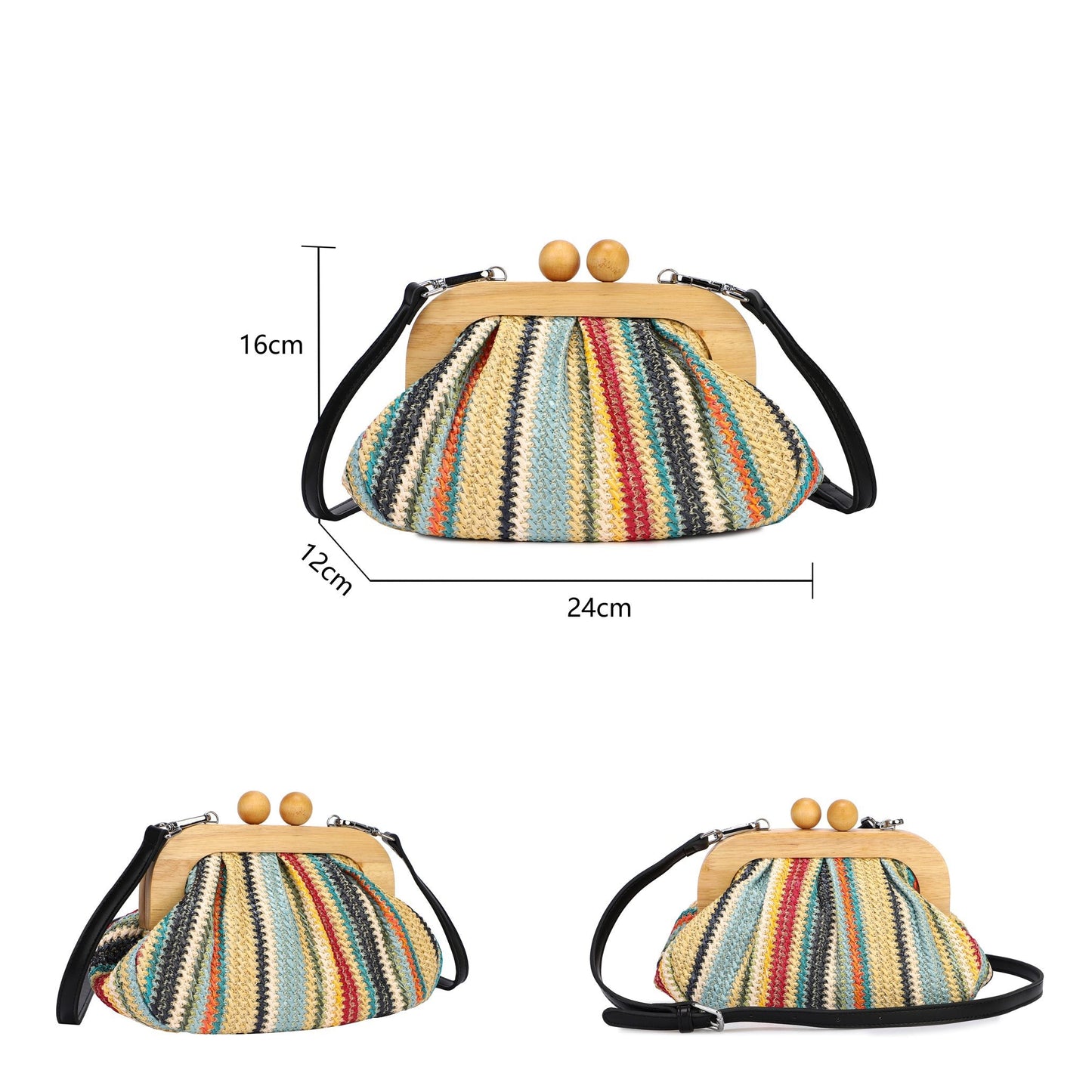 Bolso pochette y bandolera tipo rafia rayas de colores verdes/nude y cierre de madera