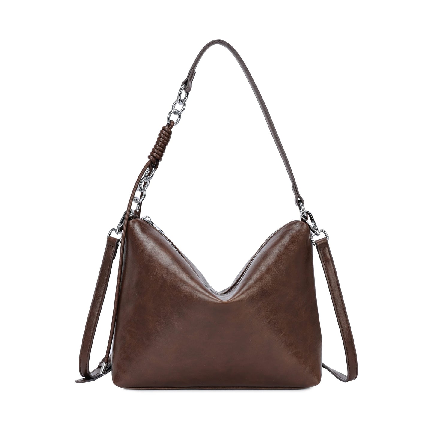 Bolso de hombro y bandolera liso marrón y detalles en plata