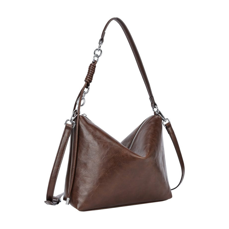 Bolso de hombro y bandolera liso marrón y detalles en plata