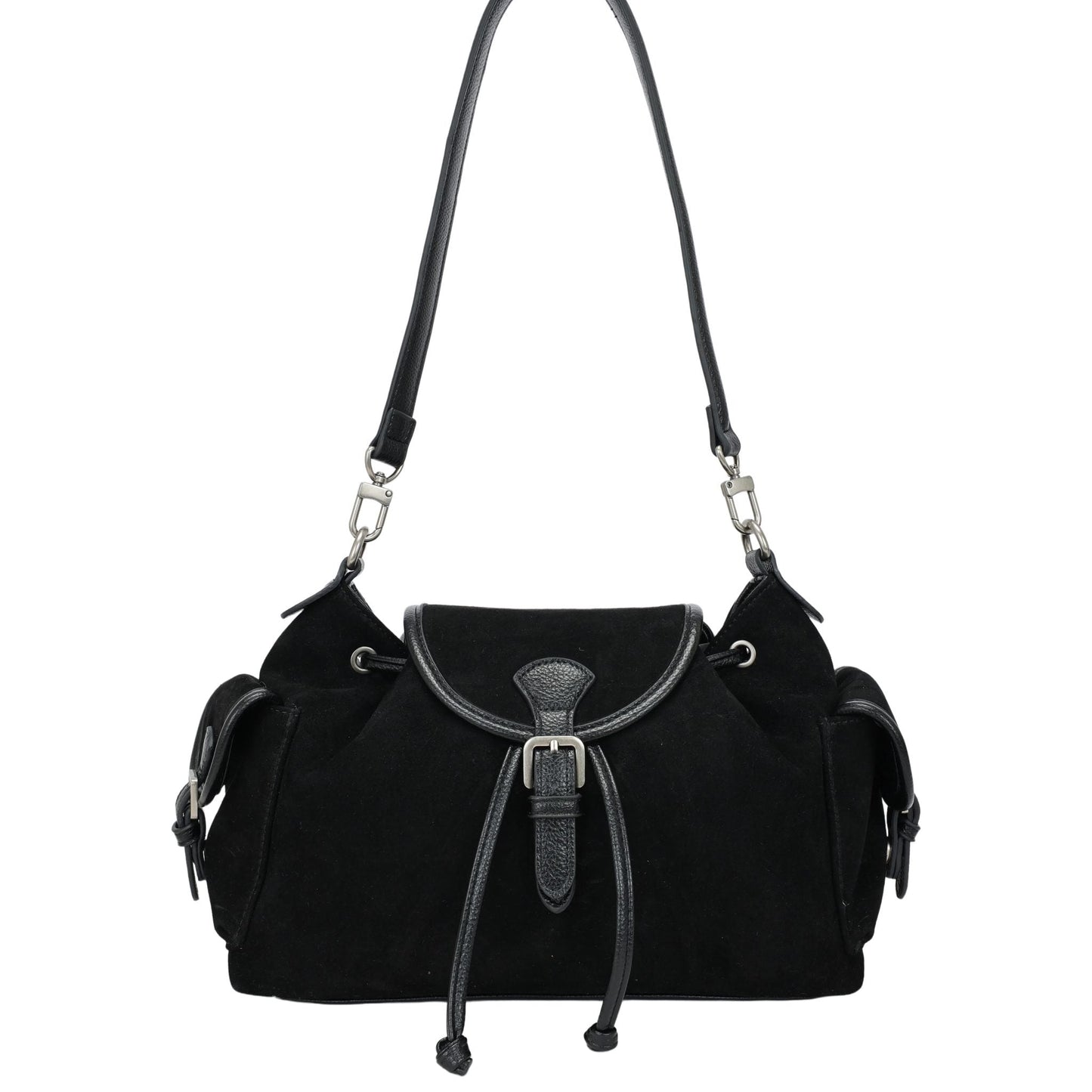 Bolso de hombro tipo saco con bolsillos acabado tipo ante