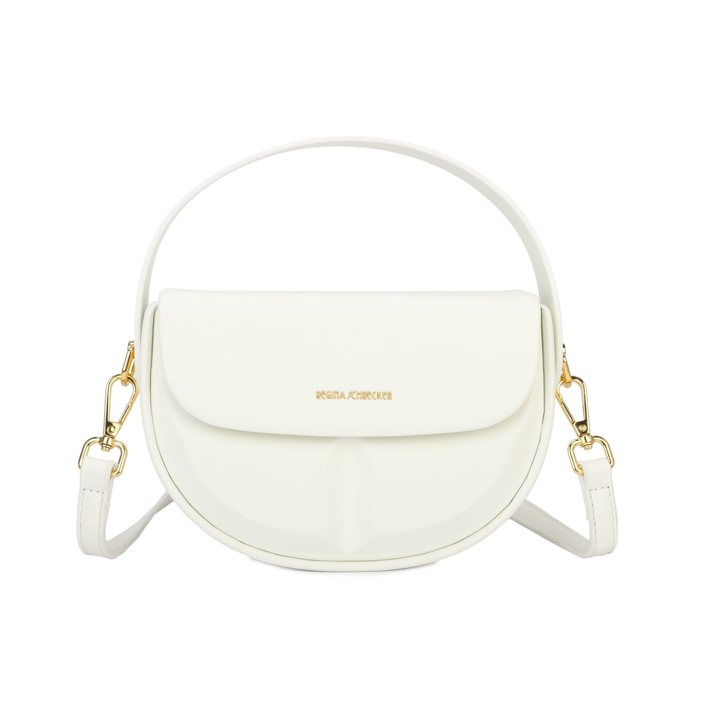 Bolso rígido media luna y geométricos color blanco.