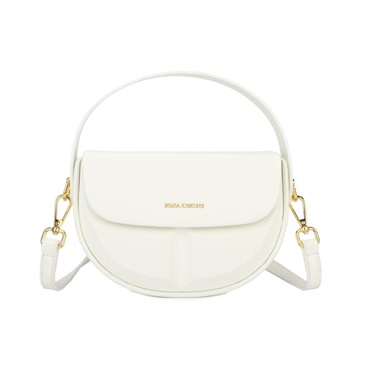 Bolso rígido media luna y geométricos color blanco.