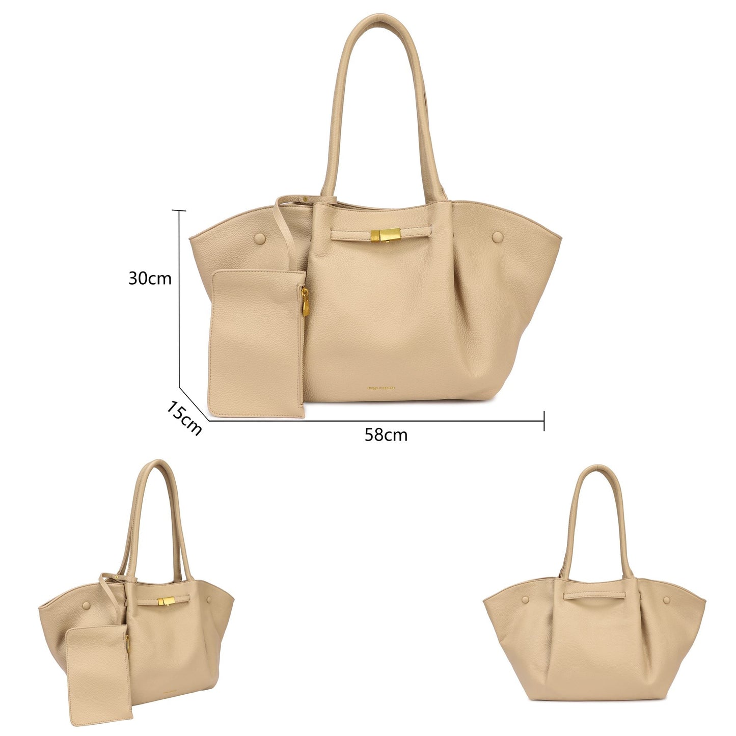 Bolso tote grande con dobleces y neceser extraíble color negro