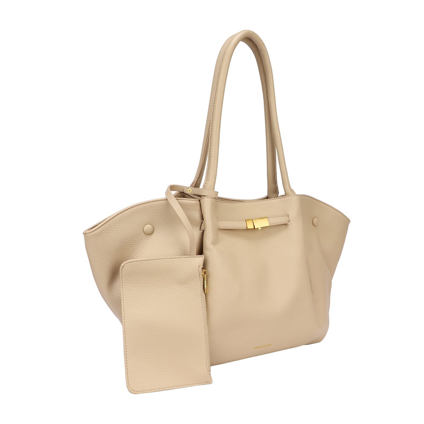 Bolso tote grande con dobleces y neceser extraíble color beige