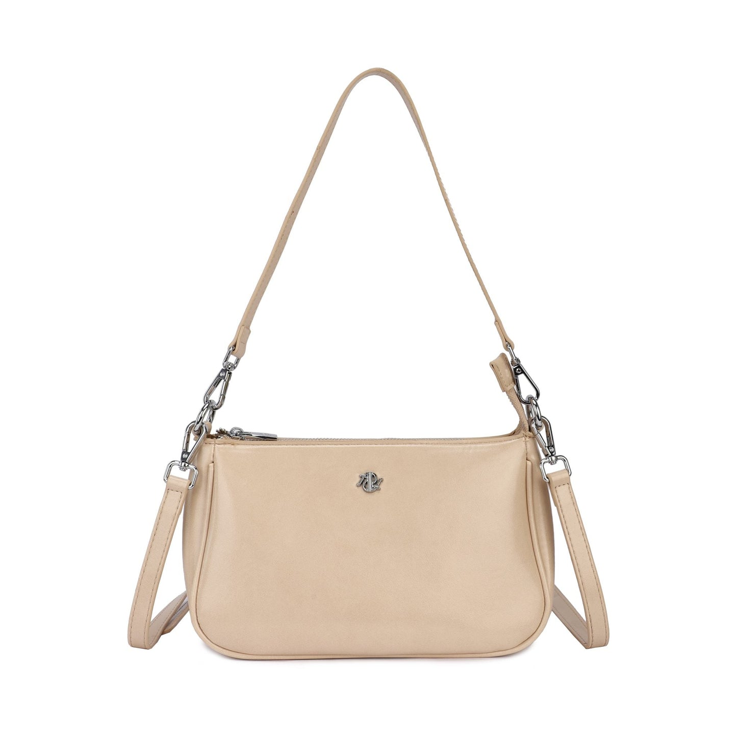Bolso de hombro en beige liso y brillante.