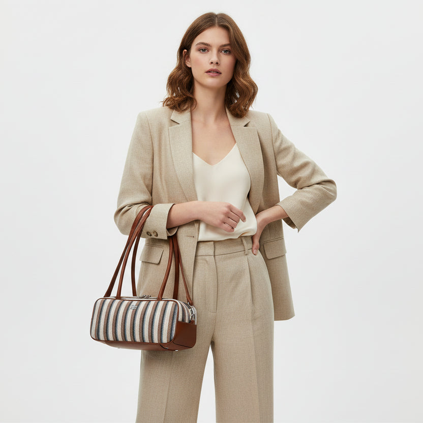 Bolso de hombro con asas largas y a rayas en marrón