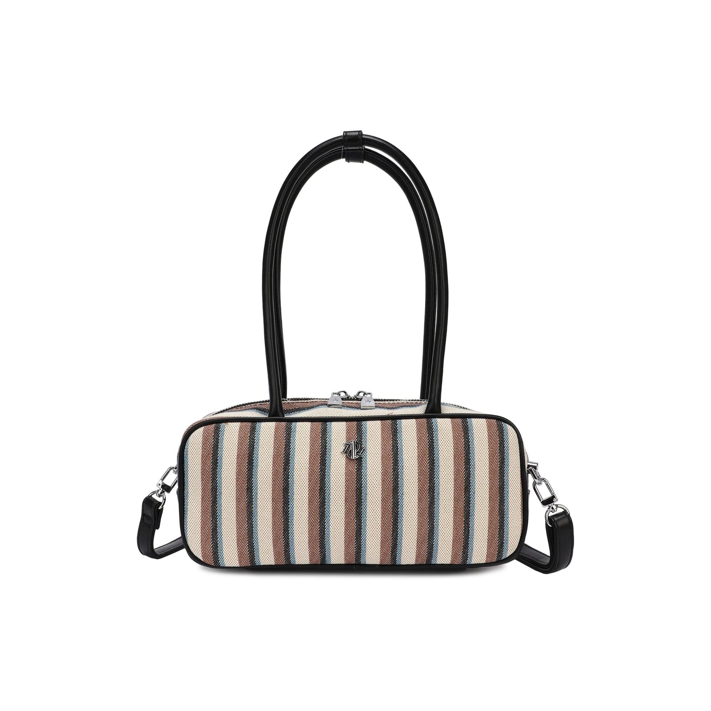 Bolso de hombro con asas largas y a rayas en negro y azul