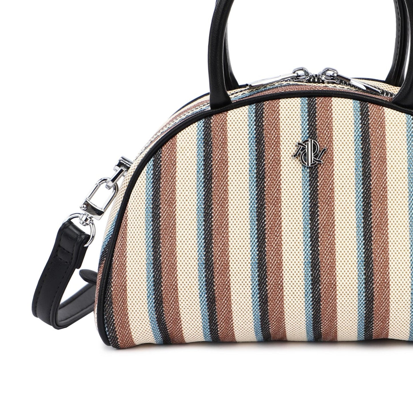 Bolso de mano pequeño con asa y rayas con azul