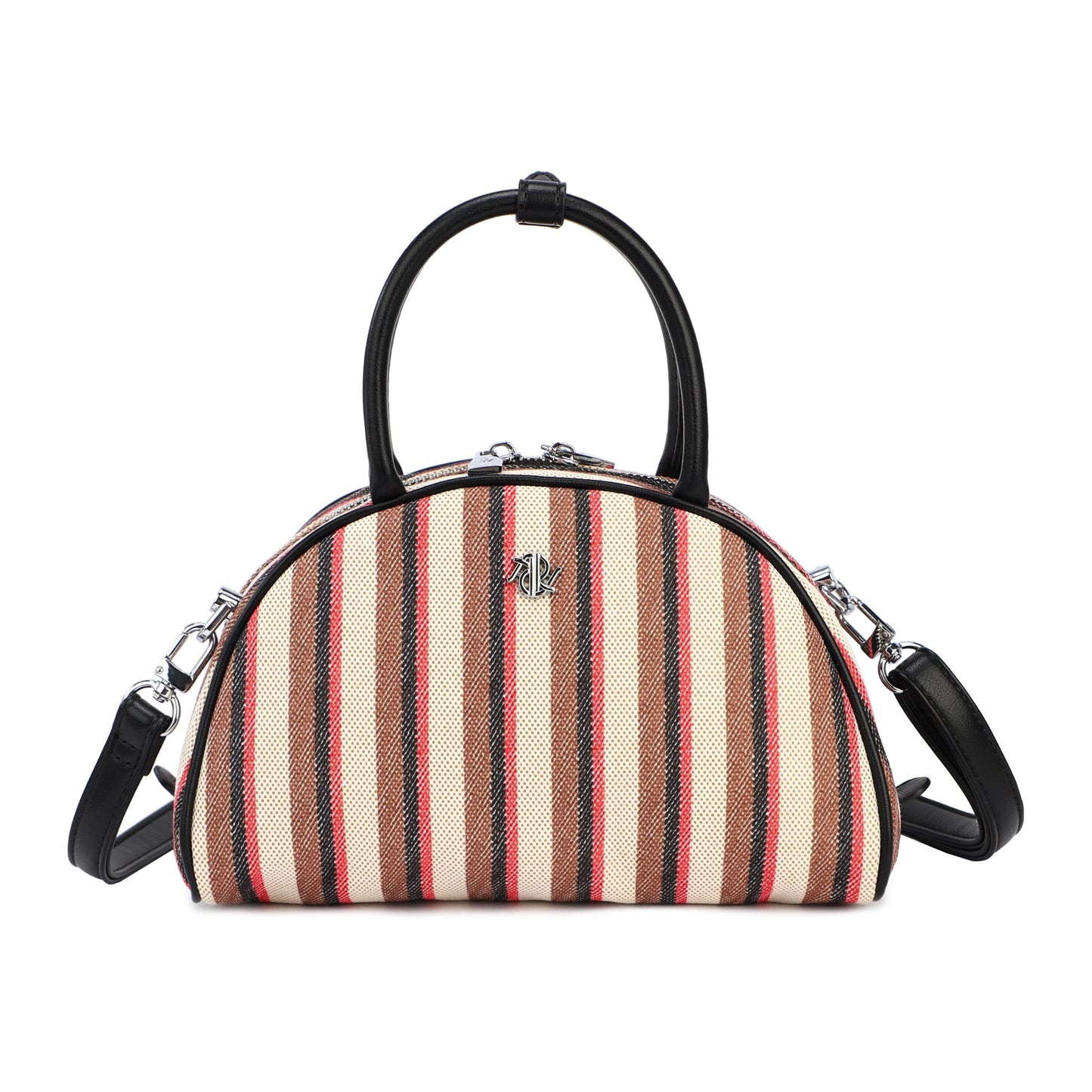 Bolso de mano pequeño con asa y rayas con rojo.