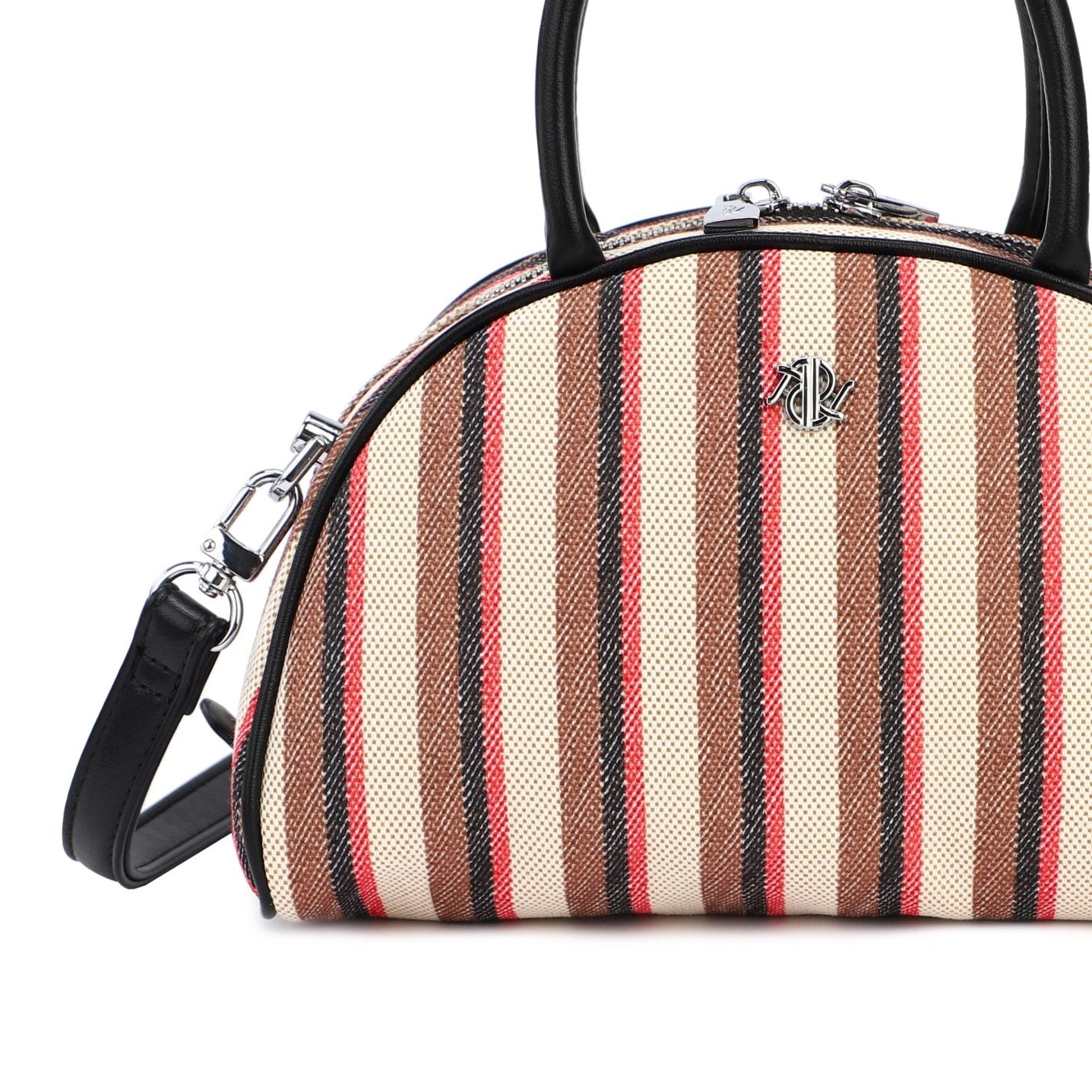 Bolso de mano pequeño con asa y rayas con rojo.