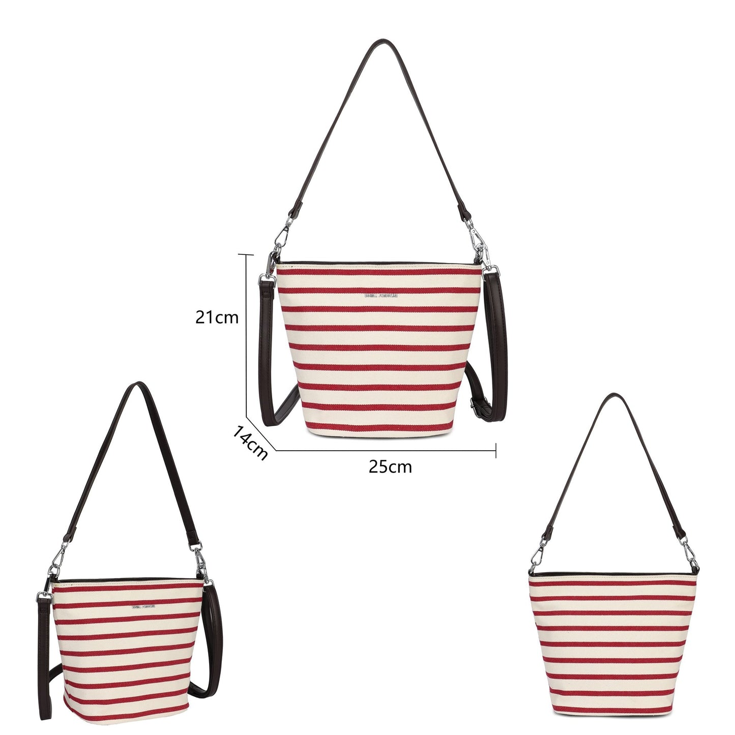 Bolso tipo bucket a rayas en azul y beige con chocolate - Moments by You
