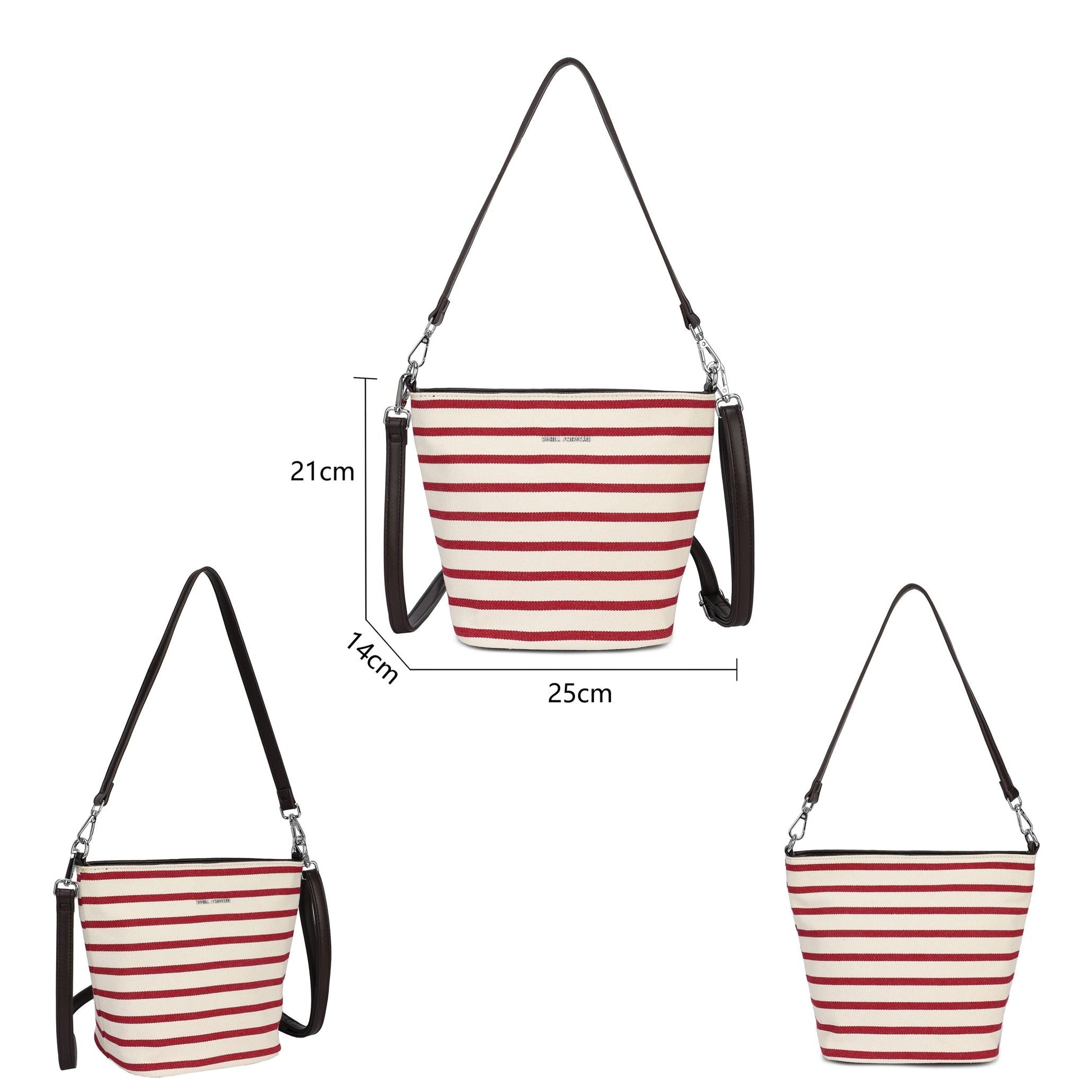 Bolso tipo bucket a rayas en azul y beige con chocolate - Moments by You
