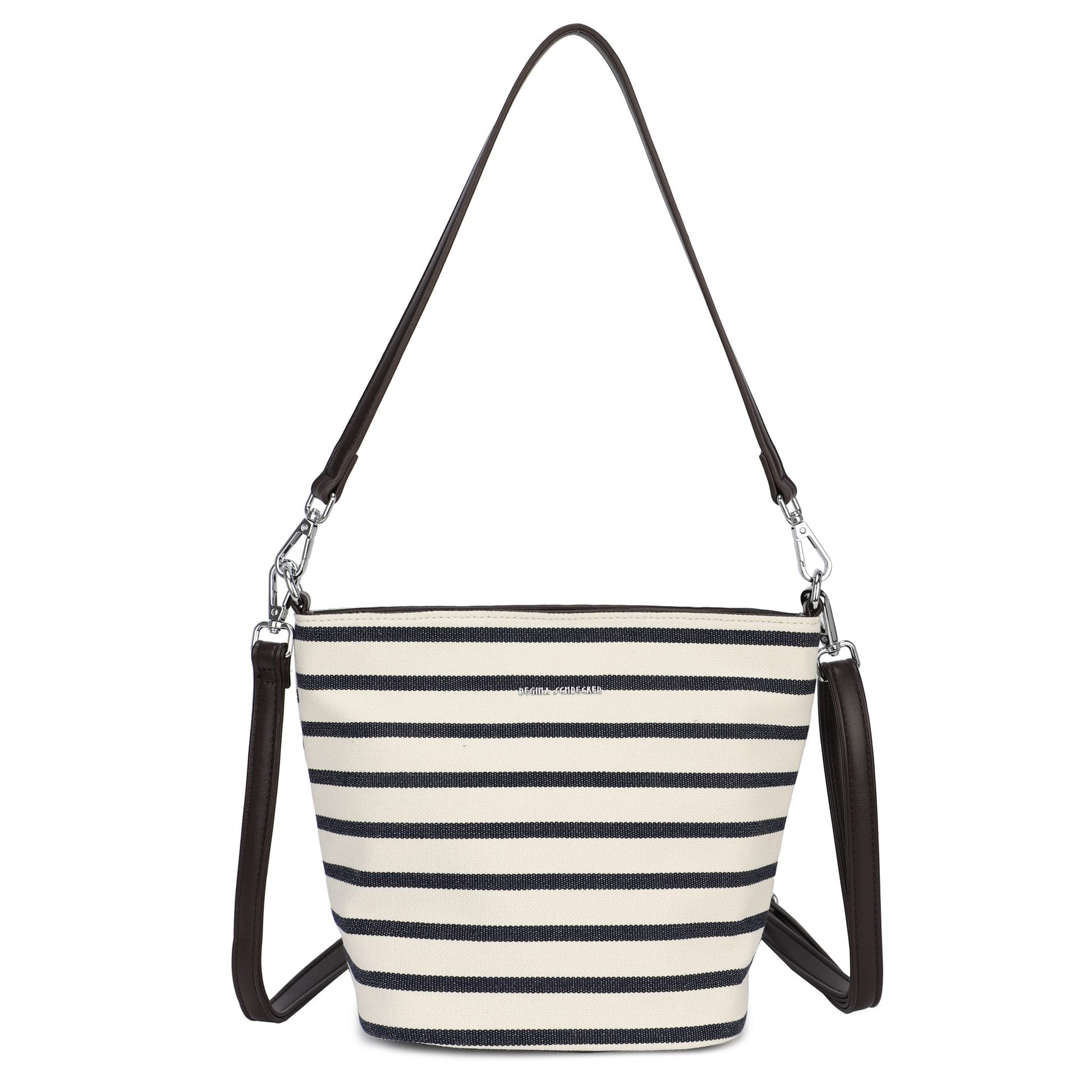 Bolso tipo bucket a rayas en azul y beige con chocolate - Moments by You