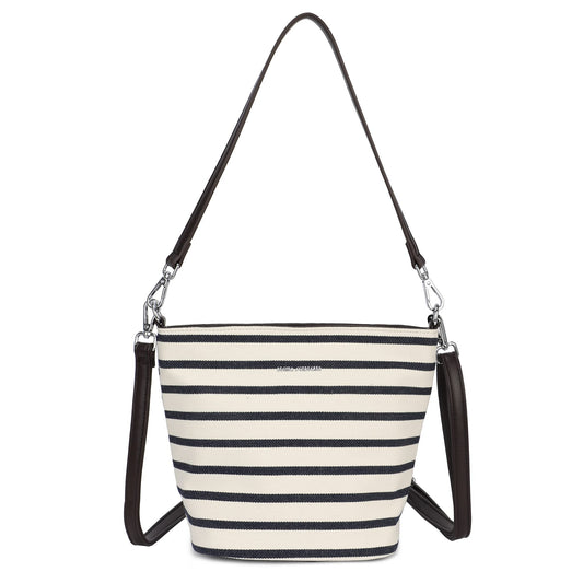 Bolso tipo bucket a rayas en azul y beige con chocolate - Moments by You