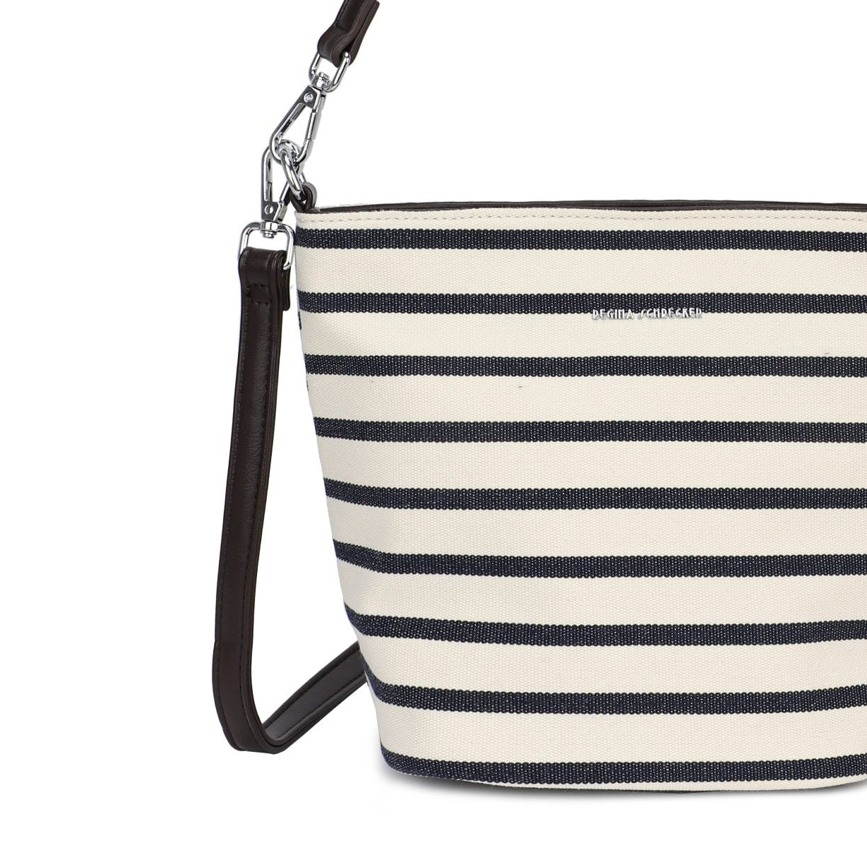 Bolso tipo bucket a rayas en azul y beige con chocolate - Moments by You