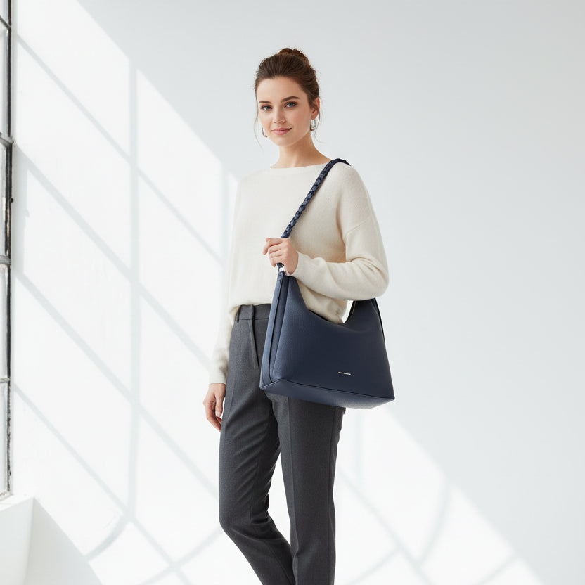 Bolso hombro con asa trenzada y acabado piel en azul marino