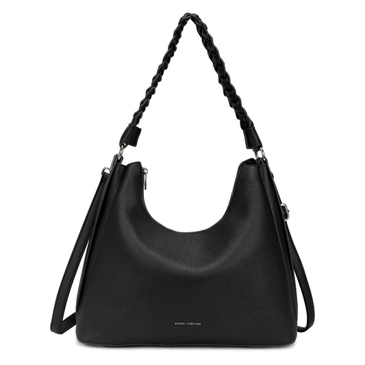Bolso hombro con asa trenzada y acabado piel en negro