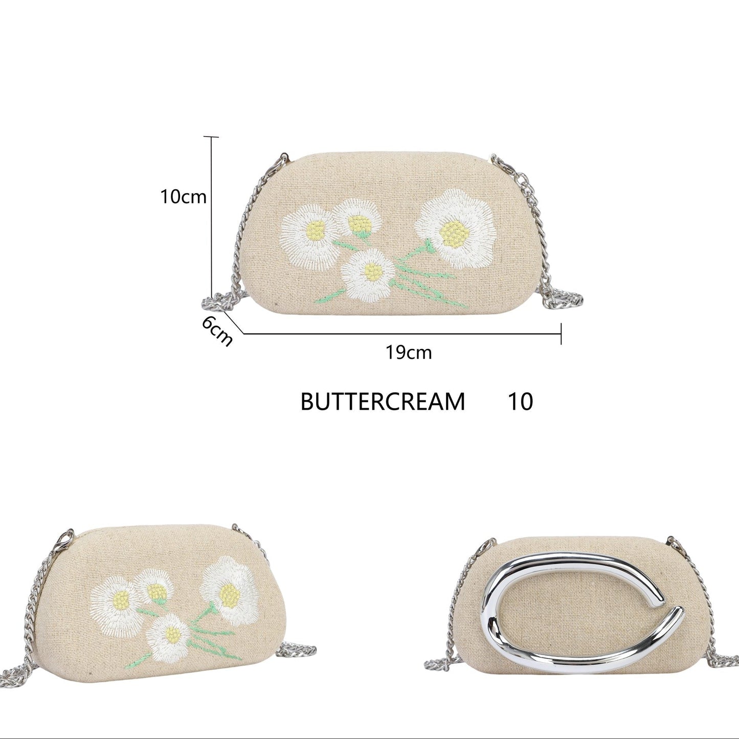 Clutch de fiesta con acabado de lino y flores chocolate con tirador plata