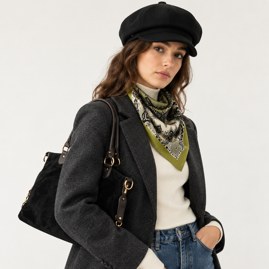 Look negro con verde oliva (boina + pañuelo + bolso)