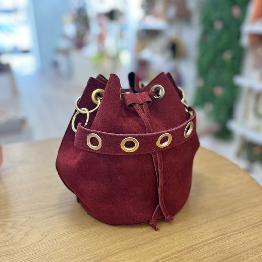 Bolso de hombro tipo saco 100% piel serraje auténtica burdeos - mbyou