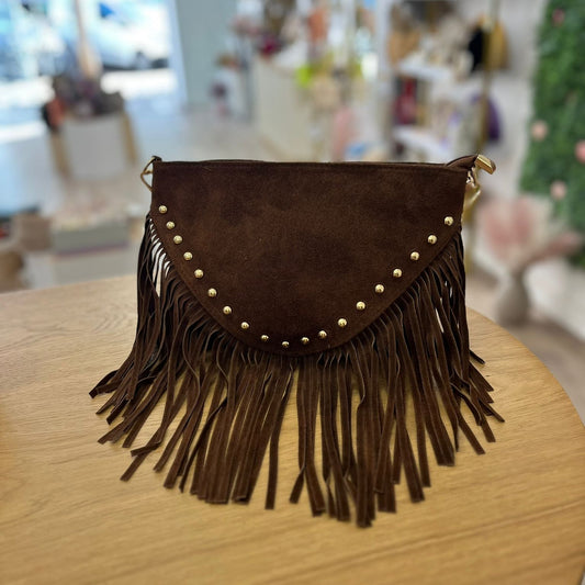 Bolso de piel de ante 100% auténtica con flecos y tachuelas marrón chocolate - mbyou