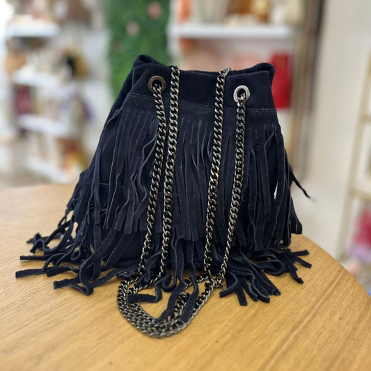 Bolso de hombro tipo saco 100% piel ante con flecos azul marino - mbyou