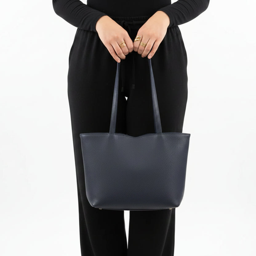 Bolso tipo shopper pequeño 100% piel de vacuno auténtica azul marino - Moments by You