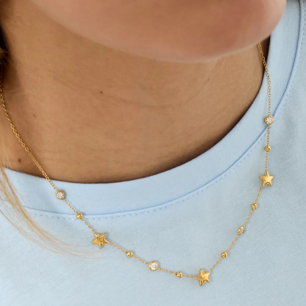 Collar de acero con estrellas, circonitas y esferas