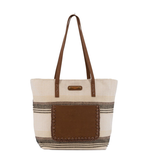 Bolso tipo tote de algodón y rafia a rayas blancas, negras y beige - mbyou
