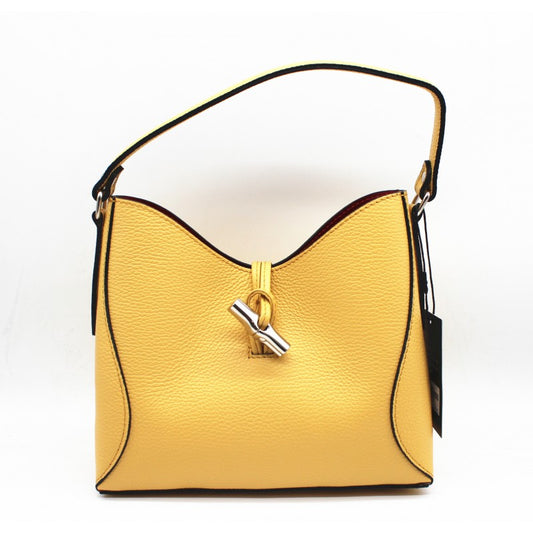 Bolso de piel 100% vacuno tipo shopper mediano con neceser interior y detalles plata color amarillo pastel