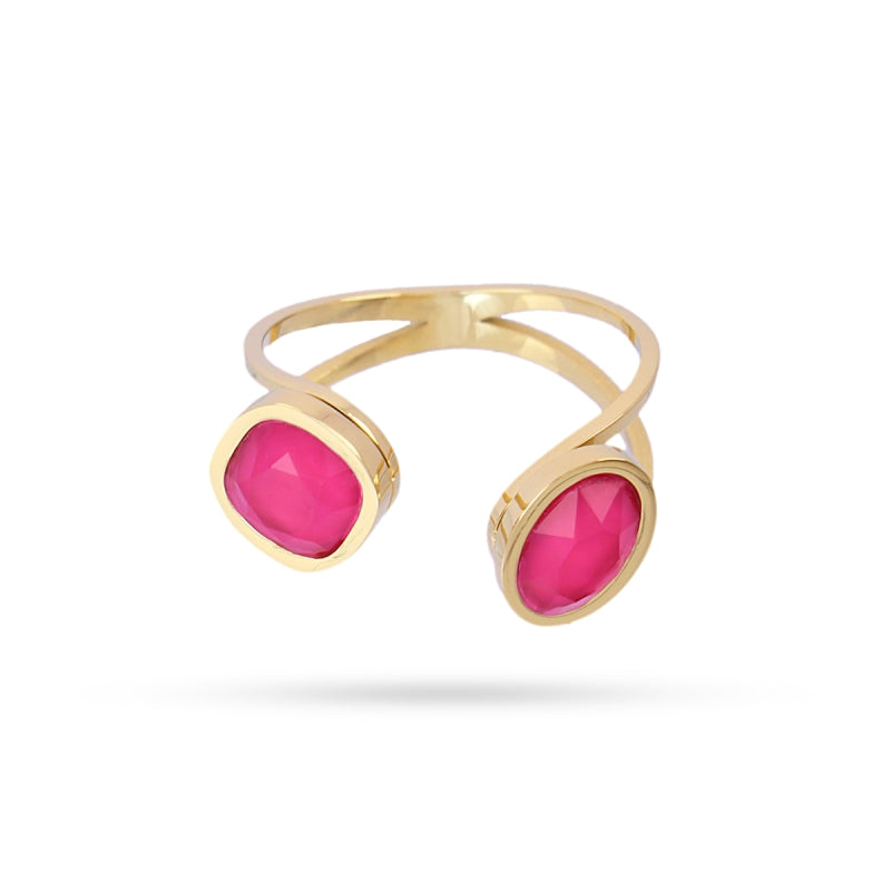 Anillo de acero con dos piedras de cristal en fucsia y acabado oro