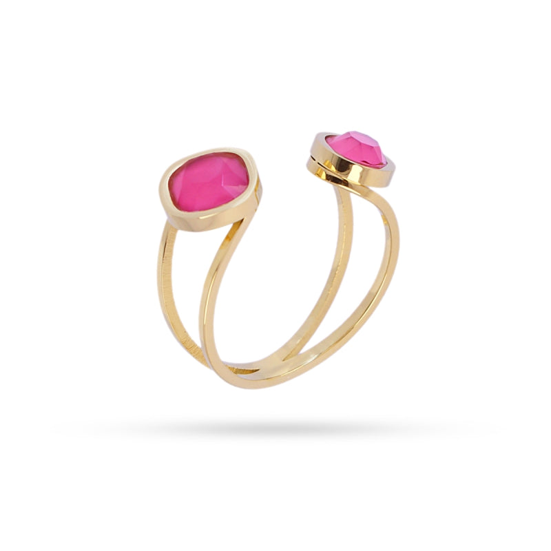 Anillo de acero con dos piedras de cristal en fucsia y acabado oro