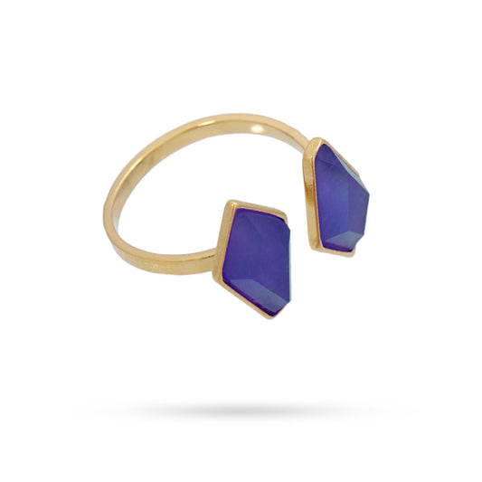 Anillo de acero con dos piedras de cristal en azul y acabado oro