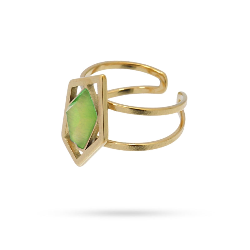 Anillo de acero quirúrgico con piedra de cristal acabado oro