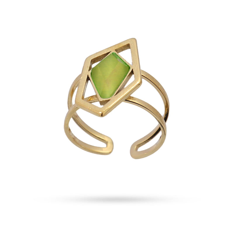 Anillo de acero quirúrgico con piedra de cristal acabado oro