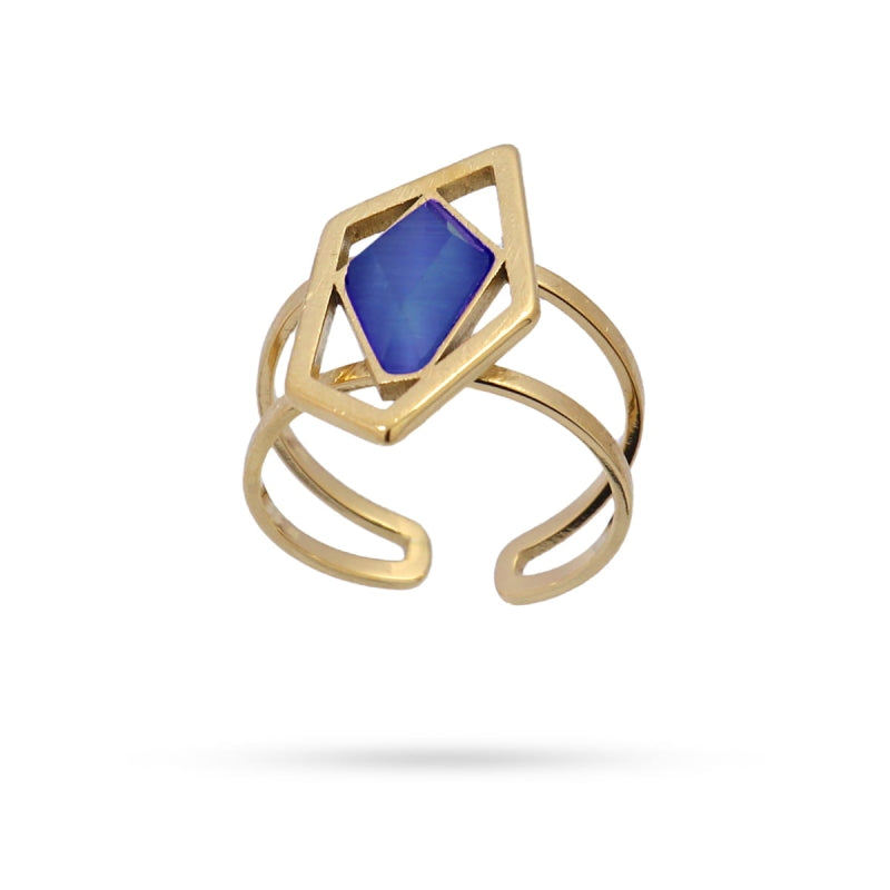Anillo de acero quirúrgico con piedra de cristal acabado oro