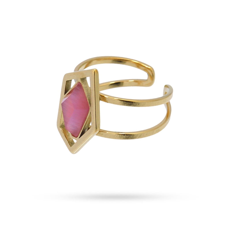 Anillo de acero quirúrgico con piedra de cristal acabado oro
