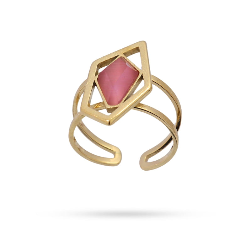 Anillo de acero quirúrgico con piedra de cristal acabado oro