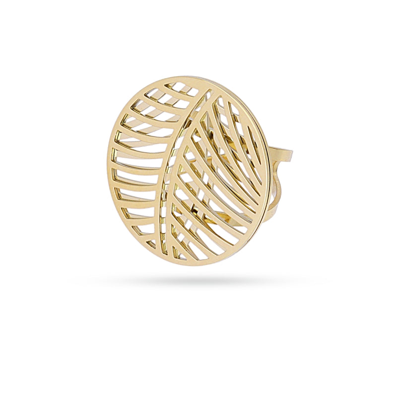 Anillo de acero circular con diseño de tiras en acabado oro