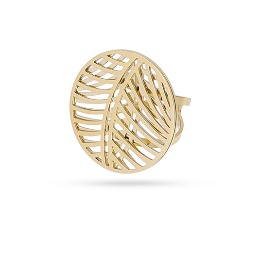 Anillo de acero circular con diseño de tiras en acabado oro