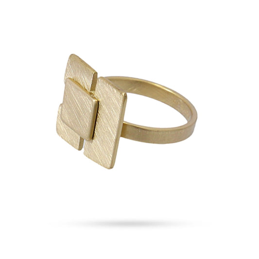 Anillo de acero pulido mate con diseños cuadrados acabado oro  - mbyou