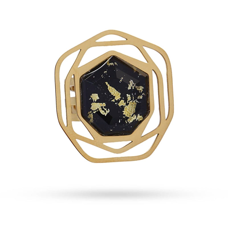 Anillo de acero quirúrgico con forma geométrica con una piedra de textura de mármol en negro acabado oro - mbyou