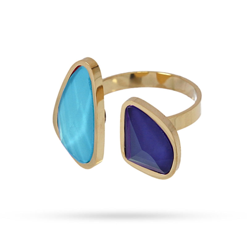 Anillo de acero quirúrgico con piedra turquesa y azul acabado oro - mbyou