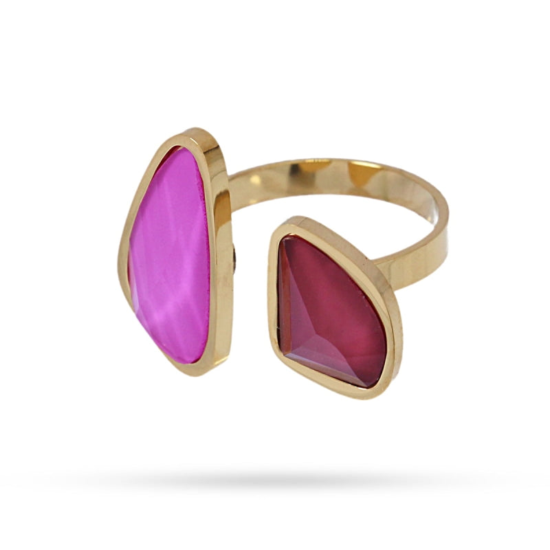 Anillo de acero quirúrgico con piedra fucsia y burdeos acabado oro - mbyou