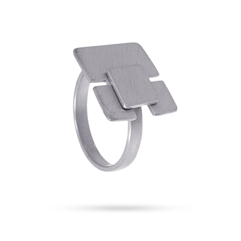 Anillo de acero pulido mate con diseños cuadrados acabado plata  - mbyou