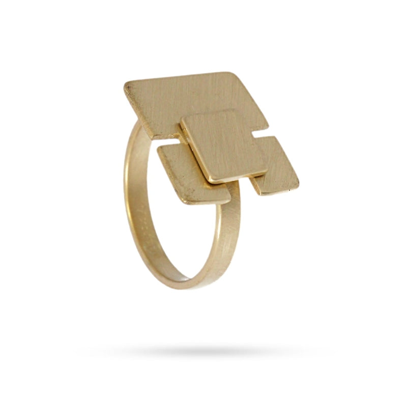 Anillo de acero pulido mate con diseños cuadrados acabado oro  - mbyou