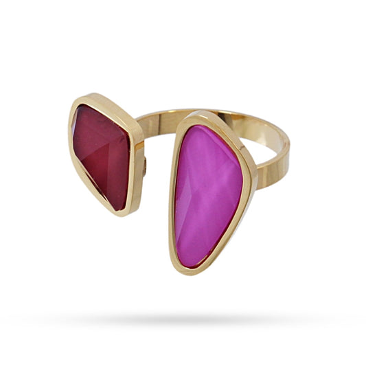 Anillo de acero quirúrgico con piedra fucsia y burdeos acabado oro - mbyou