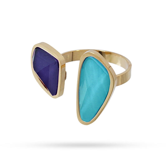 Anillo de acero quirúrgico con piedra turquesa y azul acabado oro - mbyou