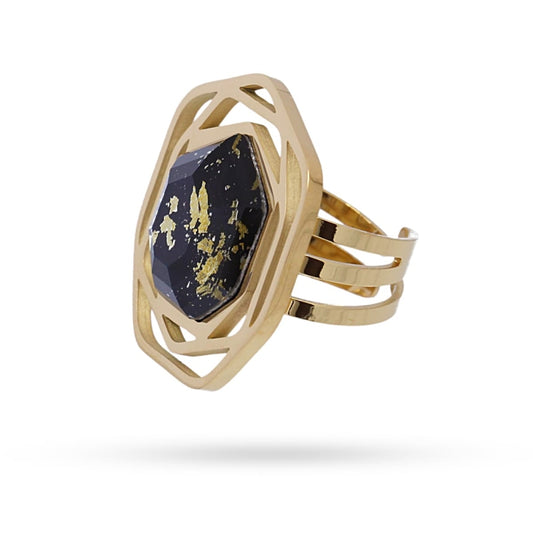 Anillo de acero quirúrgico con forma geométrica con una piedra de textura de mármol en negro acabado oro - mbyou
