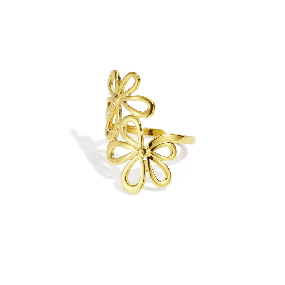 Anillo de acero grande con dos flores en acabado oro - Moments by You